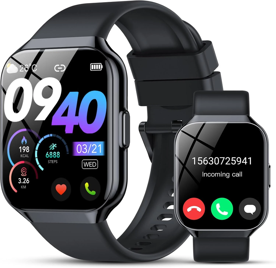 QCOQ P98 smart watch in black with a 1.96-inch touch screen