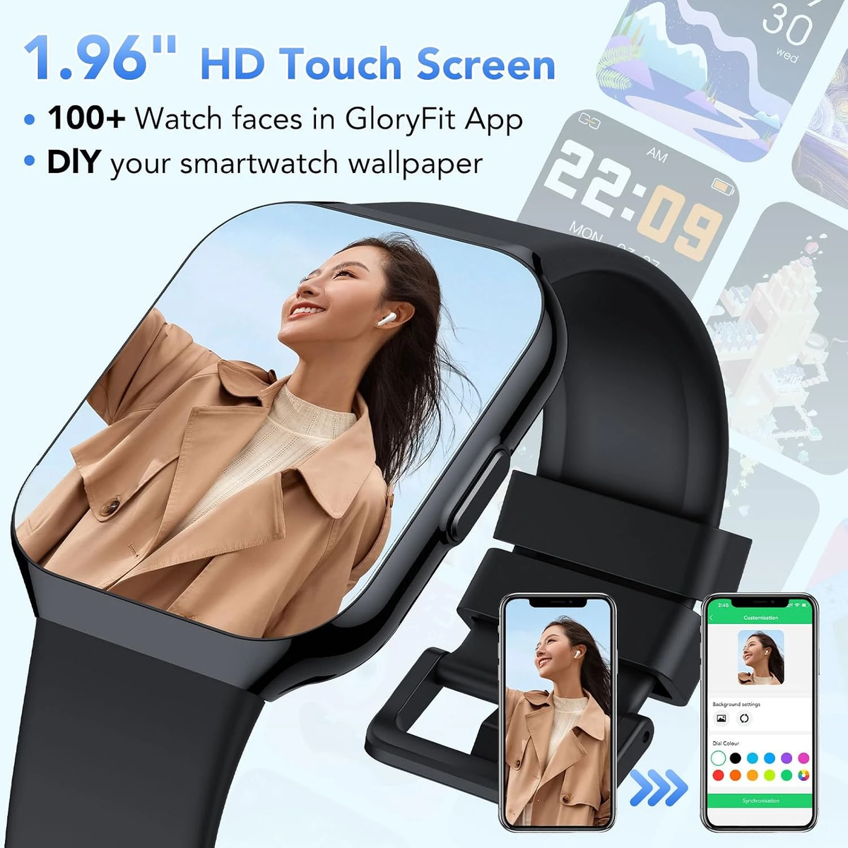 QCOQ P98 1.96-inch HD touch screen with a custom photo watch face
