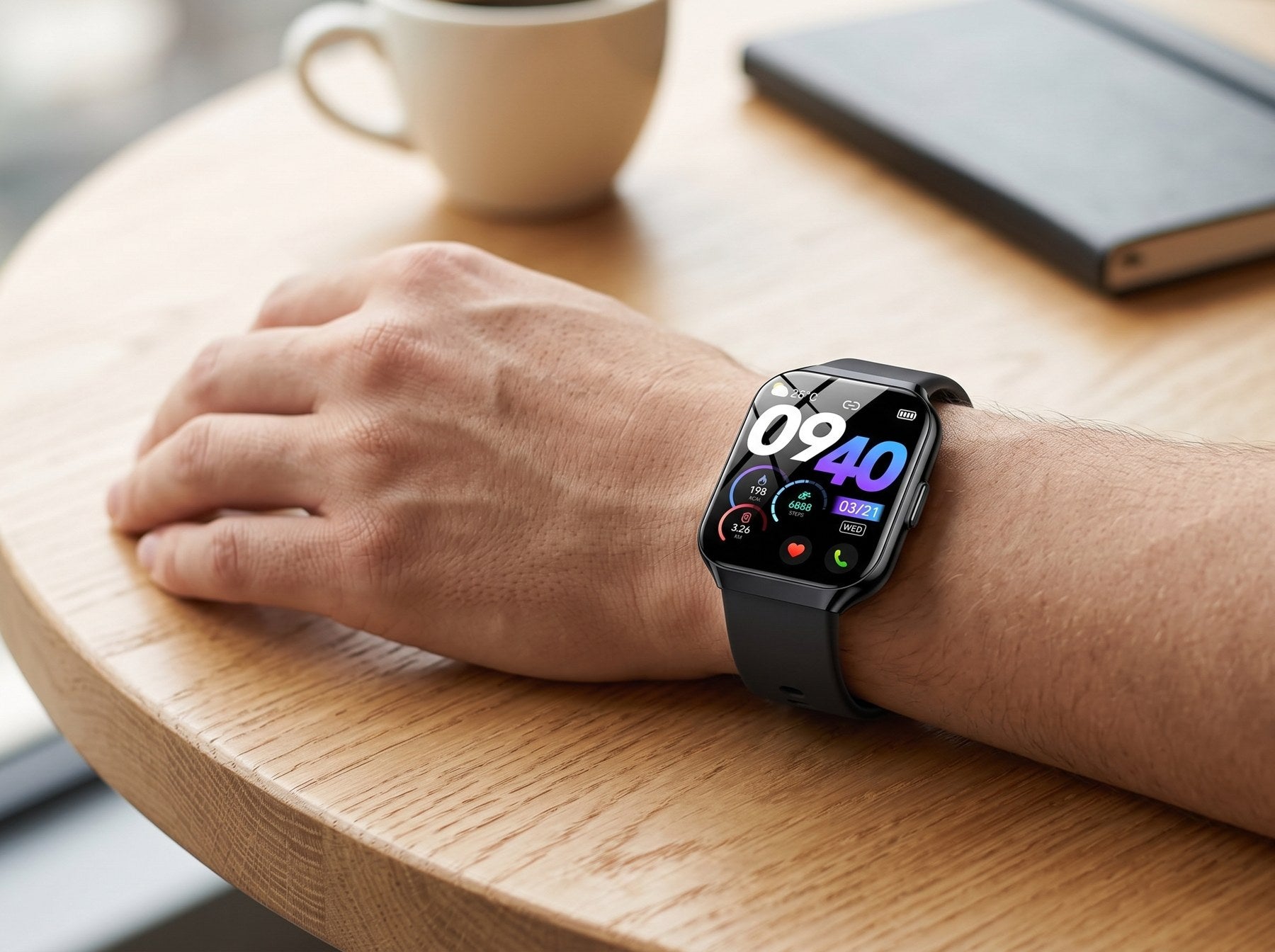 QCOQ P98 smart watch worn on the wrist